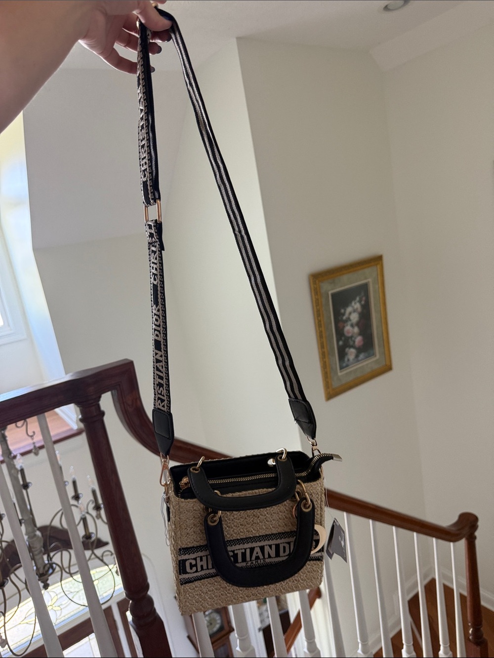 Beige Woven Mini Bag with Black Trim and Logo Strap- look alike